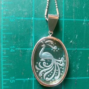 Cut glass peacock pendant necklace on silver chain